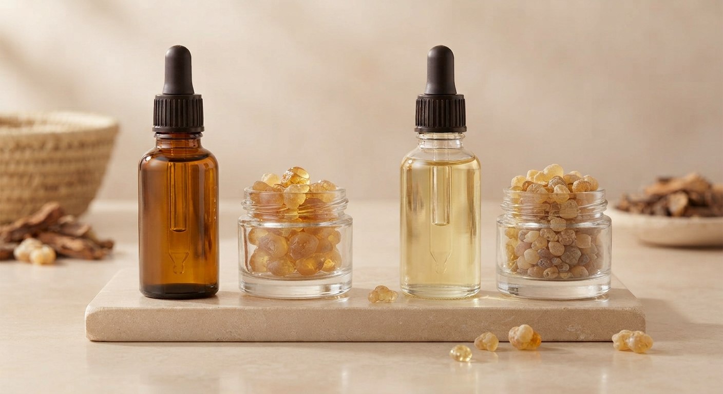 Illustrative arrangement of essential oil dropper bottles and frankincense resin